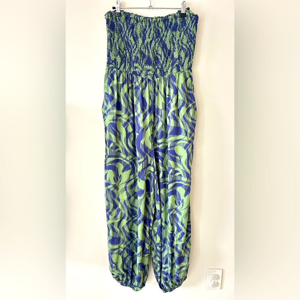 Anthropologie Green and Blue Strapless Smocked Jumpsuit